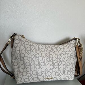 Calvin Klein Monogram Ivory and Tan Shoulder Bag